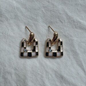 Gold, Black & White Checkered Square Earrings